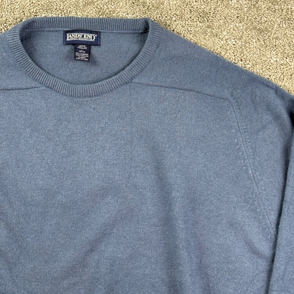 Vintage Lands End Mens L Lambswool Sweater Blue Crewneck Made England